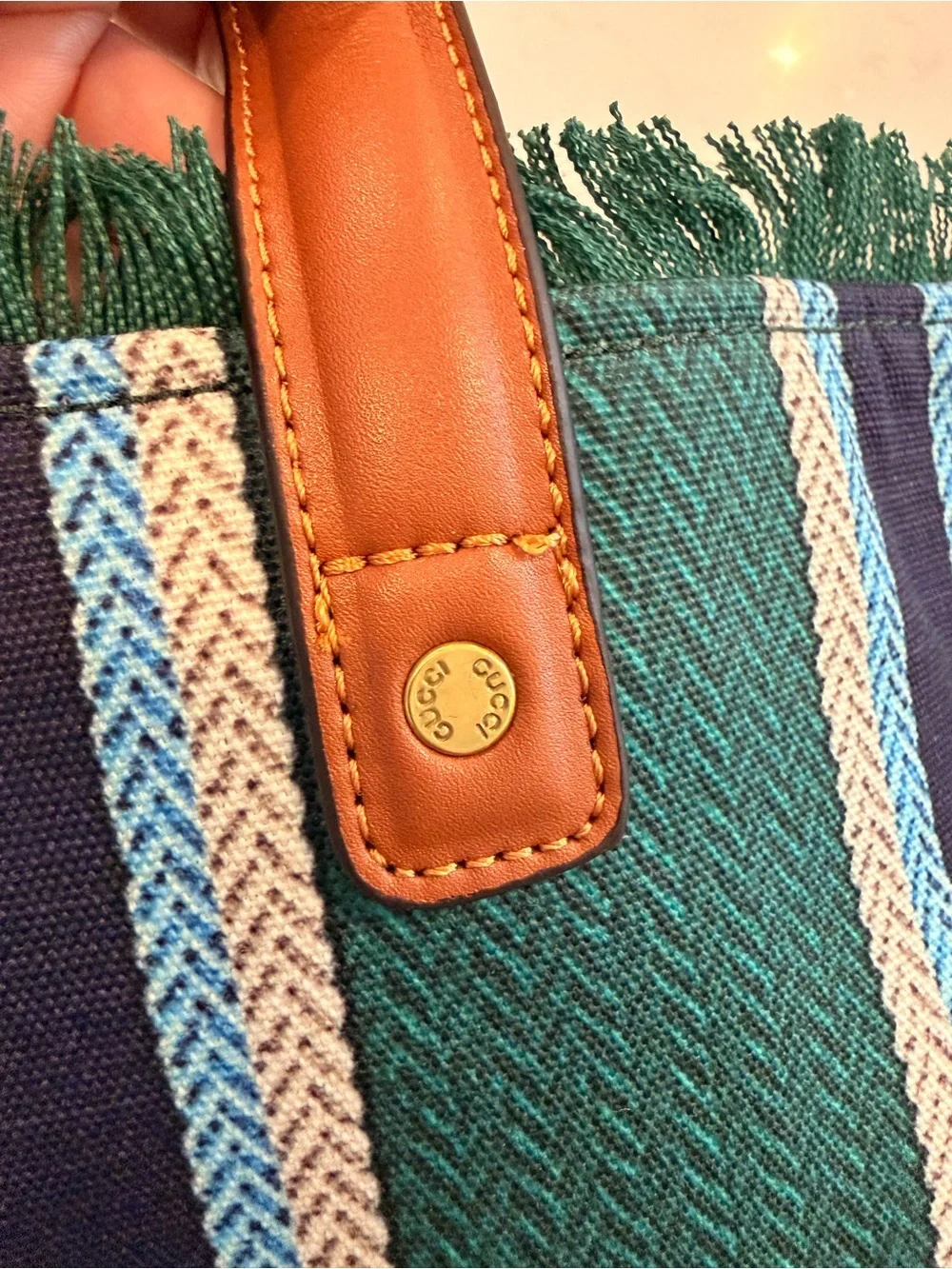 Gucci Teal & Navy Striped Canvas Tote with Leather Handles - Picture 3 of 9